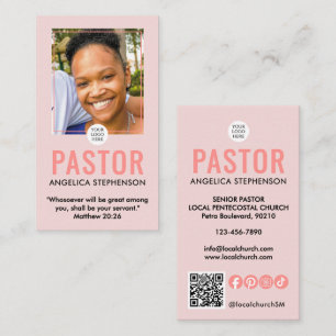 Modern Blush Pink Photo QR Logo Church Pastor  Business Card