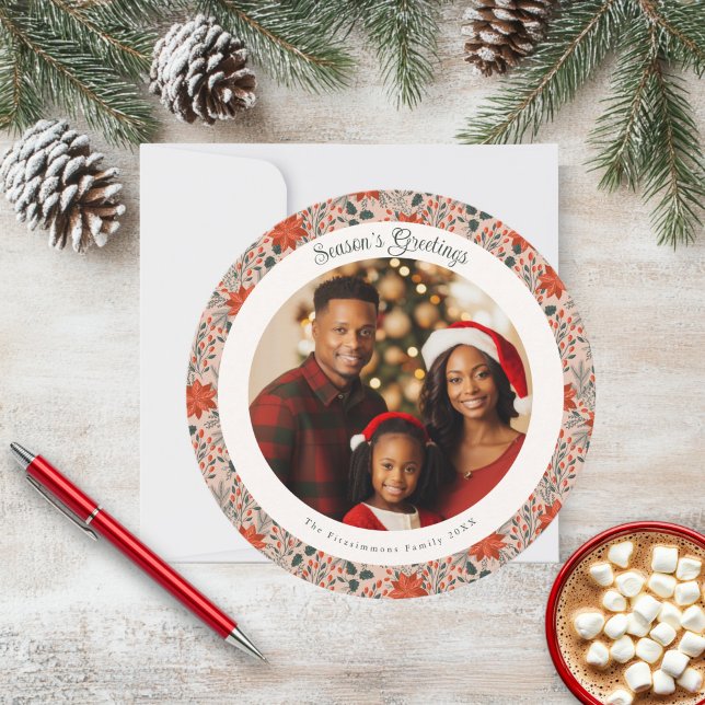 Modern Blush Pink Poinsettia Christmas Photo Card (Poinsettia Season Circle Photo Christmas Card blush pink)