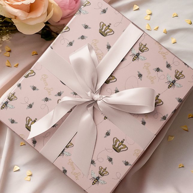 Modern Blush Pink Queen Bee Gold Crown Wrapping Paper (Elegant Blush Pink Queen Bee Pattern. Hand Drawn Queen Bee, Gold Crown & Buzzing Bees & "Queen Bee")