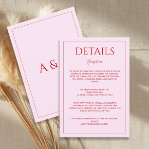 Modern blush pink red minimalist wedding details enclosure card