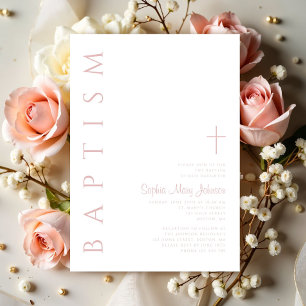 Modern Blush Pink Religious Cross Girl Baptism Invitation