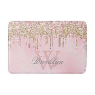Modern Blush Pink Rose Gold Glitter Drips Monogram Bath Mat
