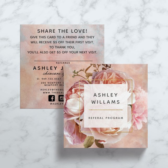 Modern Blush Pink Rose & Peony Elegant Referal Square Business Card (Creator Uploaded)