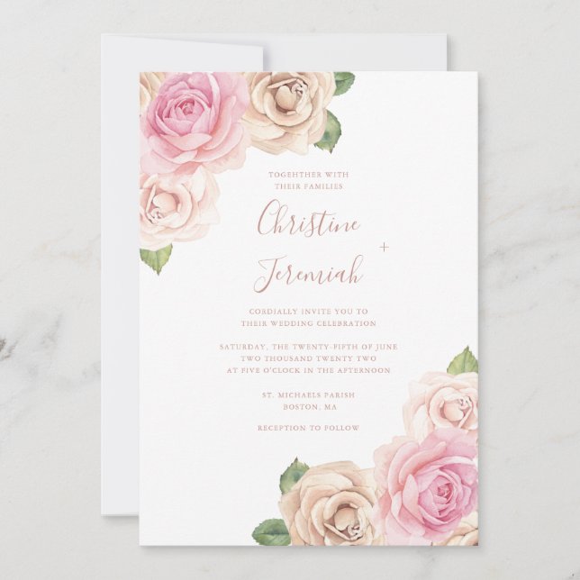 Modern Blush Pink Rose Watercolor Floral Wedding Invitation (Front)