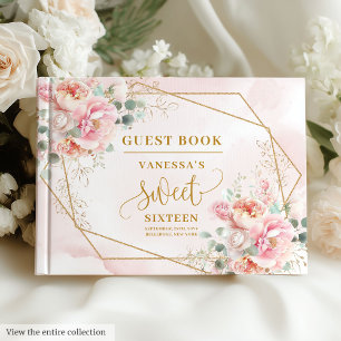 Modern Blush Pink Sage Gold Floral Sweet Sixteen Guest Book