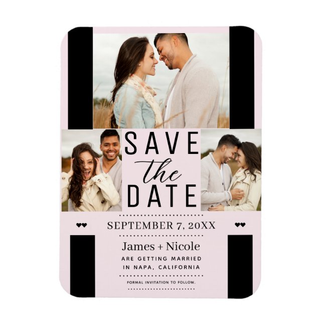 Modern Blush Pink Save the Date 3 Photo Wedding  Magnet (Vertical)