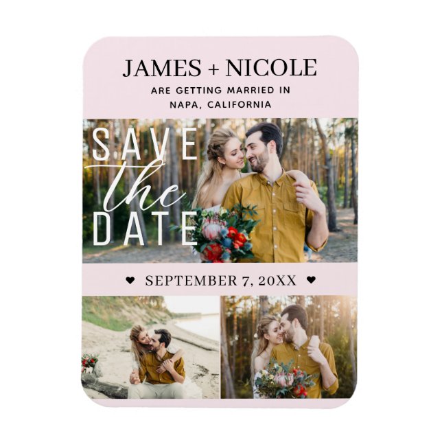 Modern Blush Pink Save the Date Wedding 3 Photos Magnet (Vertical)