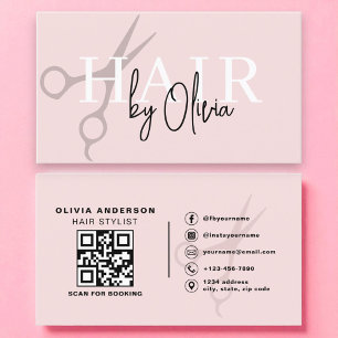 Modern Blush Pink Scissors QR Code Hair Stylist  Business Card