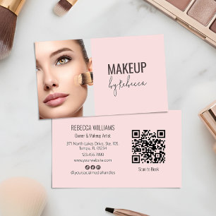 Modern Blush Pink Script Font QR Code Photo Makeup Business Card