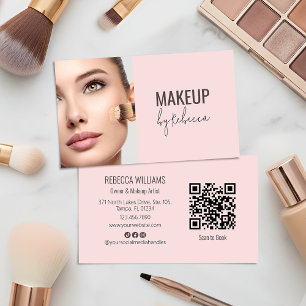 Modern Blush Pink Script Font QR Code Photo Makeup Business Card