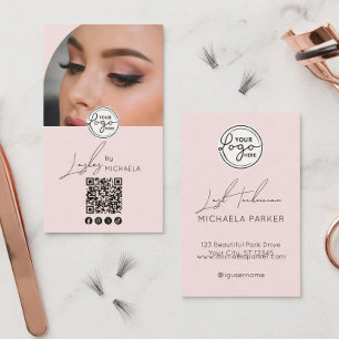 Modern Blush Pink Script Logo QR Code Photo Lashes Business Card