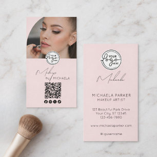 Modern Blush Pink Script Logo QR Code Photo Makeup Business Card