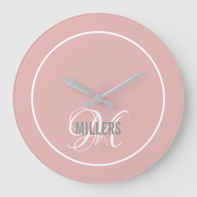 Modern blush pink script monogram family name  lar large clock (Front)