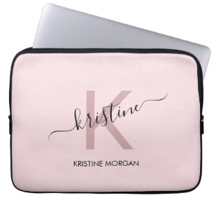 Modern blush pink script monogram name laptop sleeve