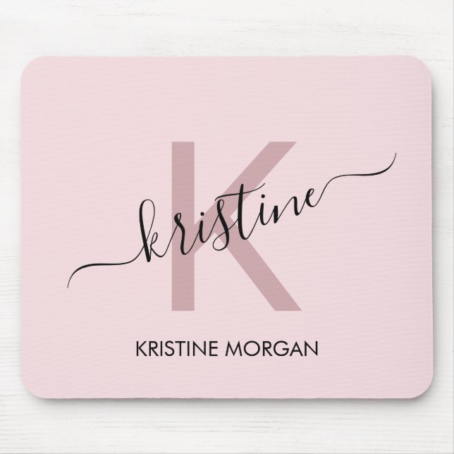 Modern blush pink script monogram name mouse pad (Front)