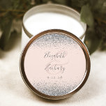 Modern Blush Pink Silver Glitter Edge Wedding Classic Round Sticker<br><div class="desc">This elegant modern wedding sticker features a faux silver glitter design on the top and bottom edge. Easily customise the grey text on a blush pink background,  with the names of the couple in handwriting calligraphy over a large ampersand.</div>