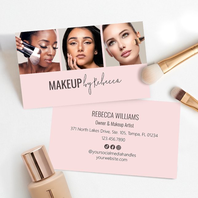 Modern Blush Pink Social Icons 3 Photo Makeup Business Card (Modern and minimal 3 photo blush pink design - fully customizable for your makeup business)