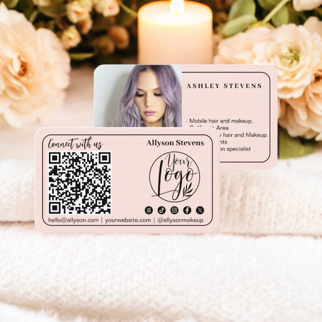 Modern blush pink Social Media QR Code Photo Logo Business Card (Modern blush pink Social Media QR Code Photo Logo Business Card)