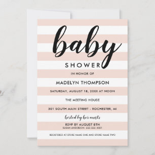 Modern Blush Pink Stripe Script Baby Girl Shower Invitation