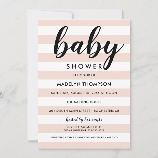 Modern Blush Pink Stripe Script Baby Girl Shower Invitation (Front)