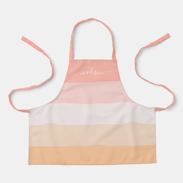 Modern blush pink striped script name kids apron (Front)