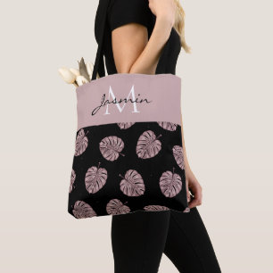 Modern Blush Pink Tropical Leaf Monogram Tote Bag