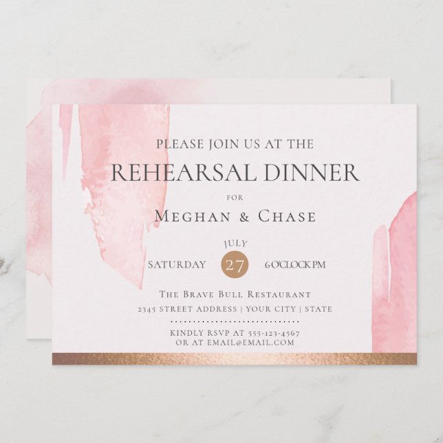 Modern Blush Pink Watercolor Brush Strokes Invitation (Front/Back)