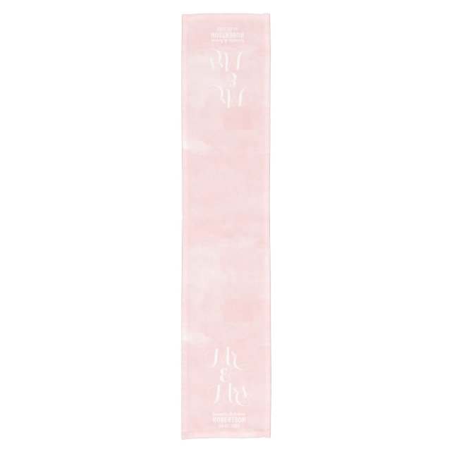 Modern blush pink watercolor wedding short table runner (Front)