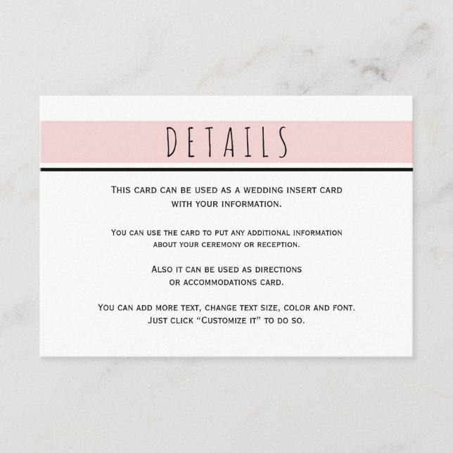 Modern blush pink wedding details insert card (Front)