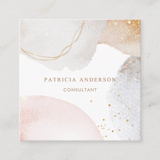 Modern blush pink white abstract watercolor square business card (Front)