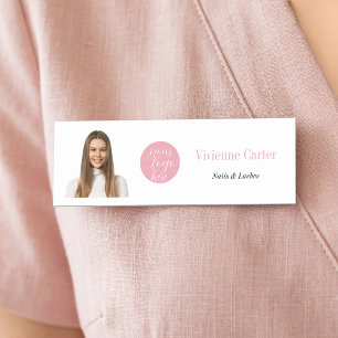 Modern Blush Pink White Logo Photo Nail Salon Name Tag