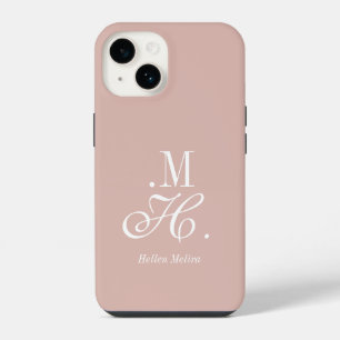 Modern Blush Pink White Monogram Name iPhone 14 Case
