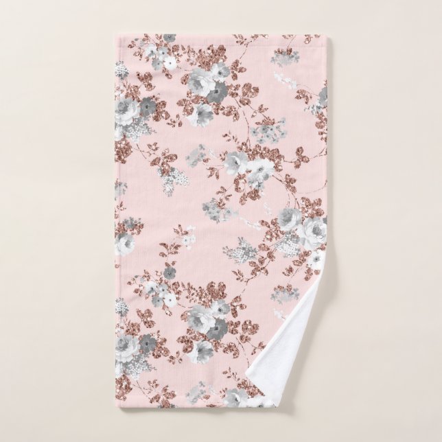 Modern blush pink white rose gold glitter floral hand towel (Hand Towel)