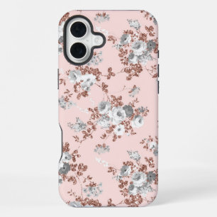 Modern blush pink white rose gold glitter floral iPhone 16 plus case