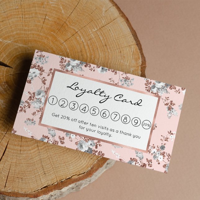 Modern blush pink white rose gold glitter floral loyalty card (Modern blush pink white rose gold glitter floral loyalty card )