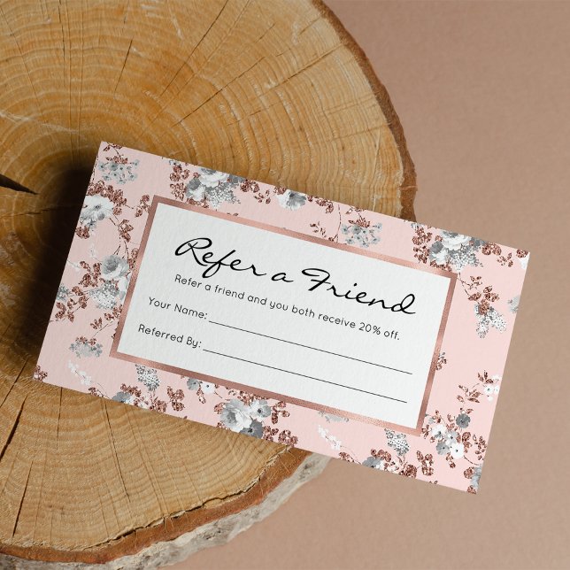 Modern blush pink white rose gold glitter floral referral card (Modern blush pink white rose gold glitter floral referral )