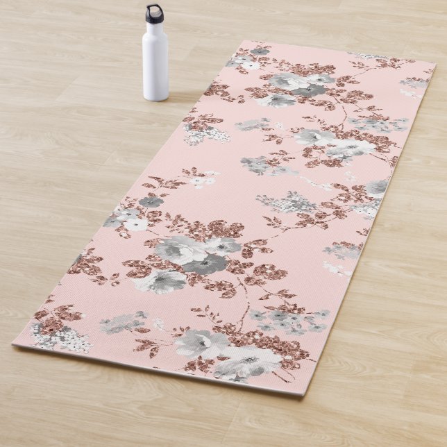 Modern blush pink white rose gold glitter floral yoga mat (In Situ)