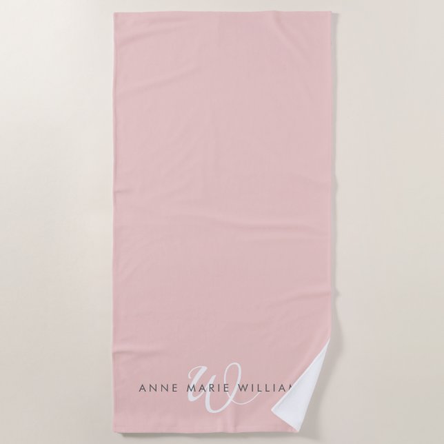 Modern Blush Pink White Script Monogram Beach Towel (Front)