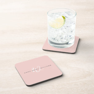 Modern Blush Pink White Script Monogram Coaster
