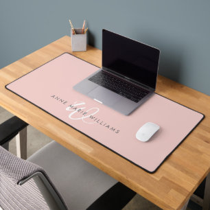 Modern Blush Pink White Script Monogram Desk Mat