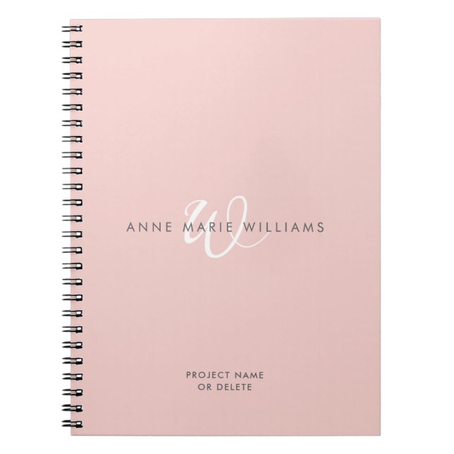 Modern Blush Pink White Script Monogram Notebook (Front)