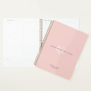 Modern Blush Pink White Script Monogram Planner