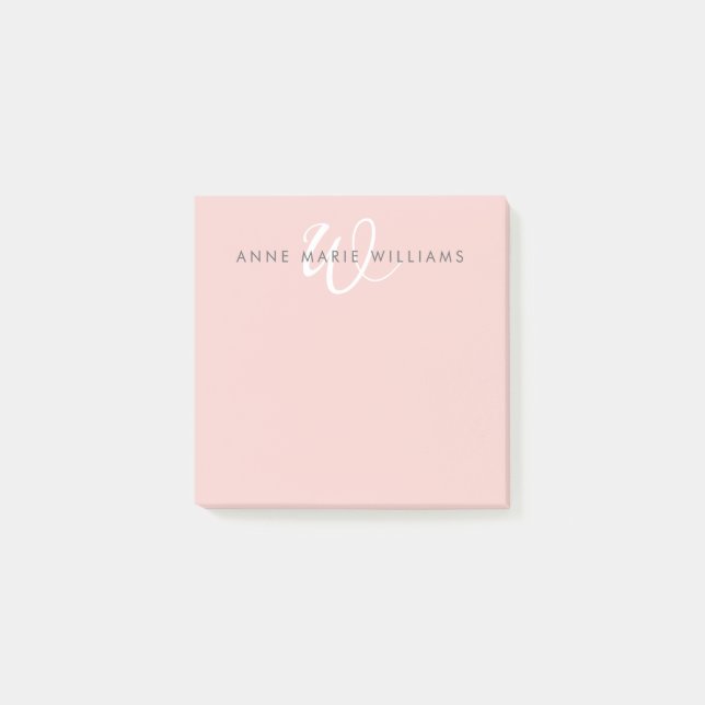 Modern Blush Pink White Script Monogram Post-it Notes (Front)