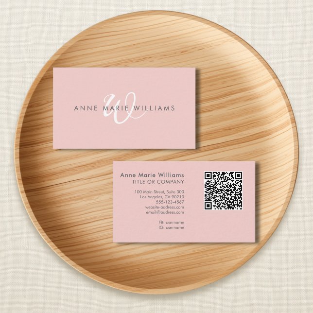 Modern Blush Pink White Script Monogram QR Code Business Card (Creator Uploaded)