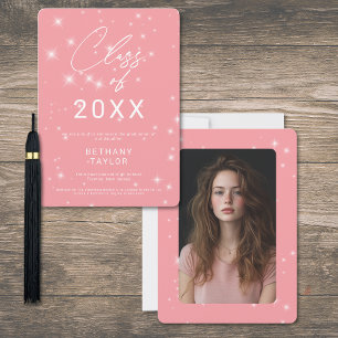 Modern Blush Pink & White Sparkle Graduation Announcement