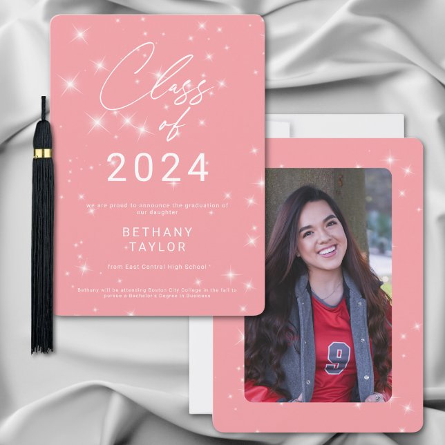 Modern Blush Pink & White Sparkle Graduation Announcement (Creator Uploaded)