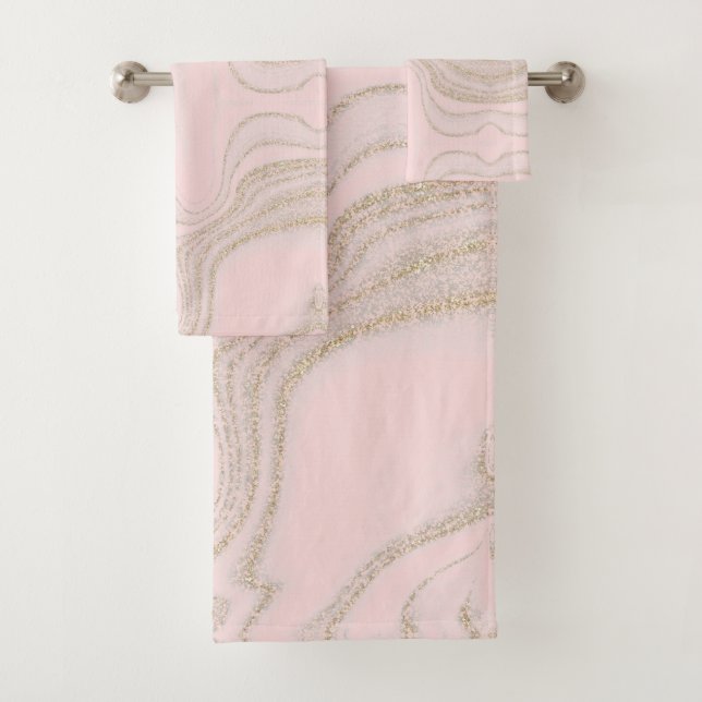 Modern blush pink yellow abstract marble pattern bath towel set (Insitu)