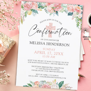 Modern Blush Rose Floral Cross Confirmation Invitation