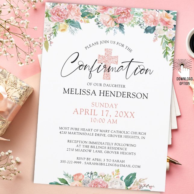 Modern Blush Rose Floral Cross Confirmation Invitation (Creator Uploaded)