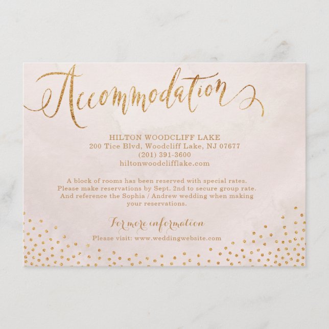 Modern blush rose gold calligraphy accommodation enclosure card (Front)